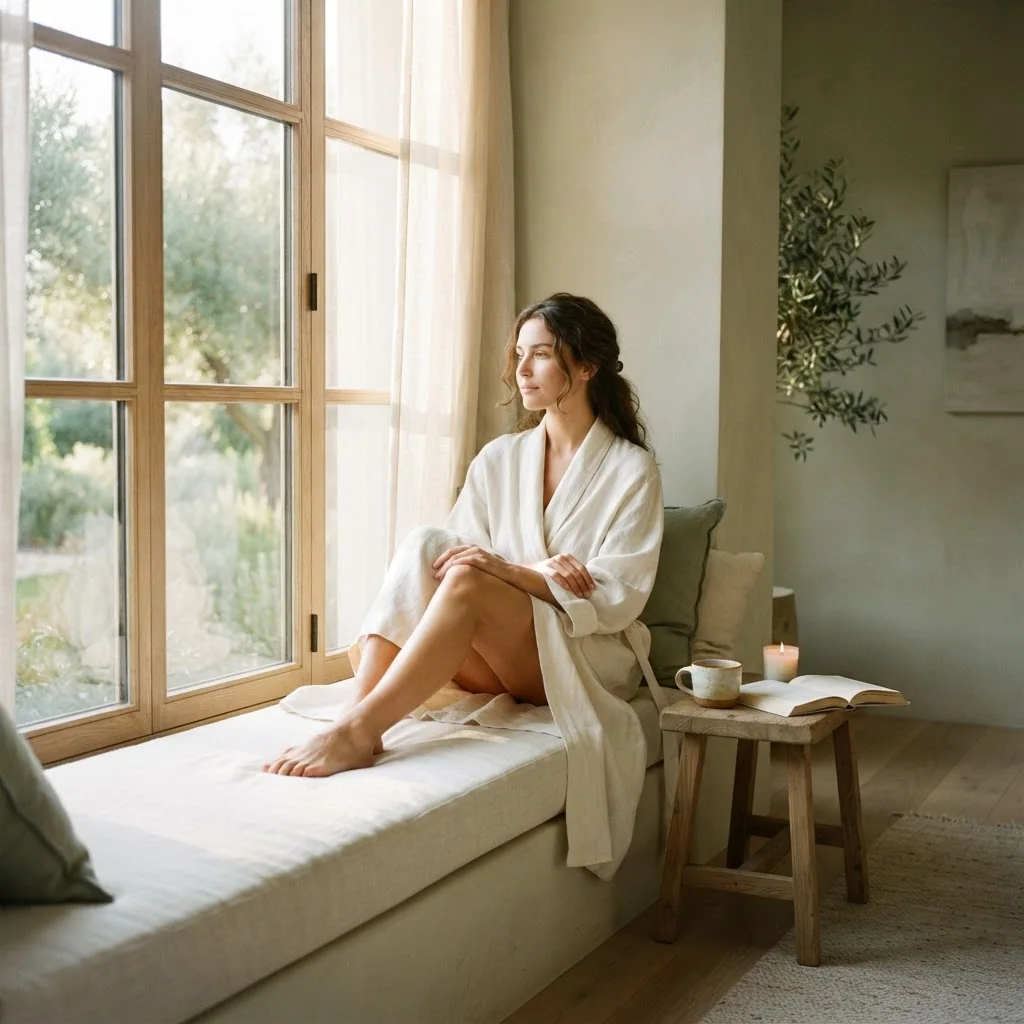 Serene woman in soft repose by a sunlit window