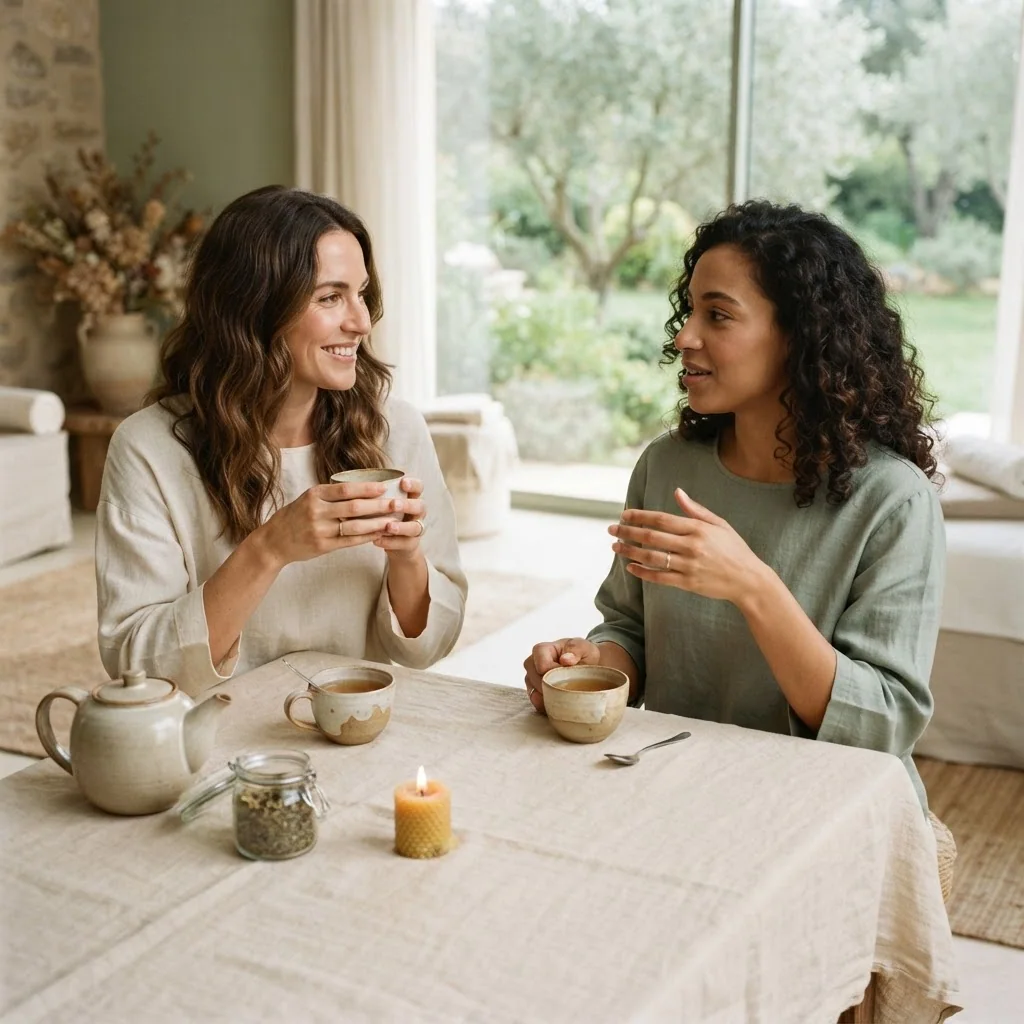 Two people sharing herbal tea in soft natural light